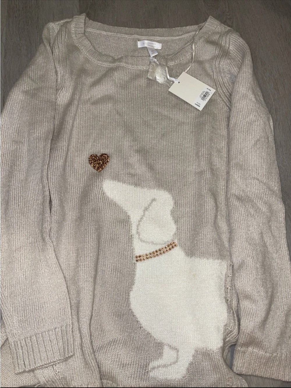 LC Lauren Conrad Cream Dog Intarsia Sweater with Gold Heart